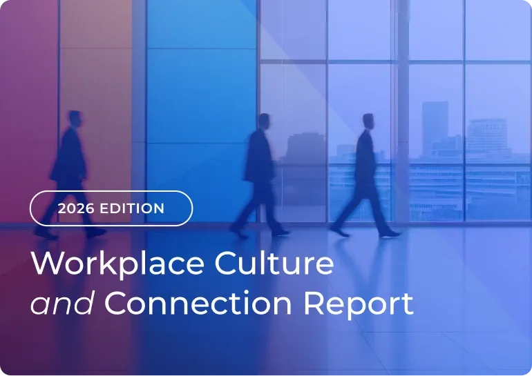Cover image for Kahoot's 2026 Workplace Culture and Connection Report showing silhouettes walking through a modern office building